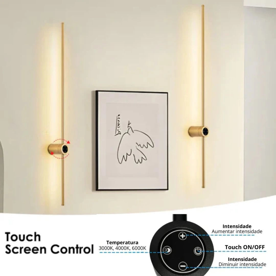 Arandela Linear de Parede Interna Ajustável 360° Dimerizável Touch LED