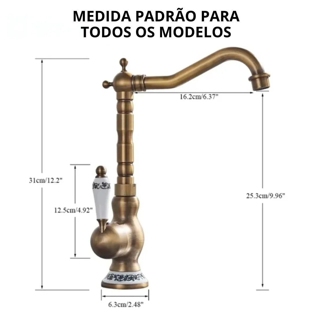 Torneira Monocomando Banheiro Antique Preto - diâmetro indicado do furo de instalação