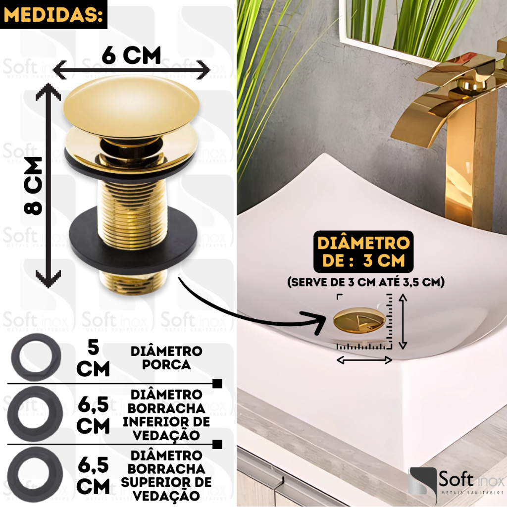 Válvula Click De Inox Ralo P/ Cuba Pia de Banheiro Lavatório 7/8 Dourada Gold 3cm