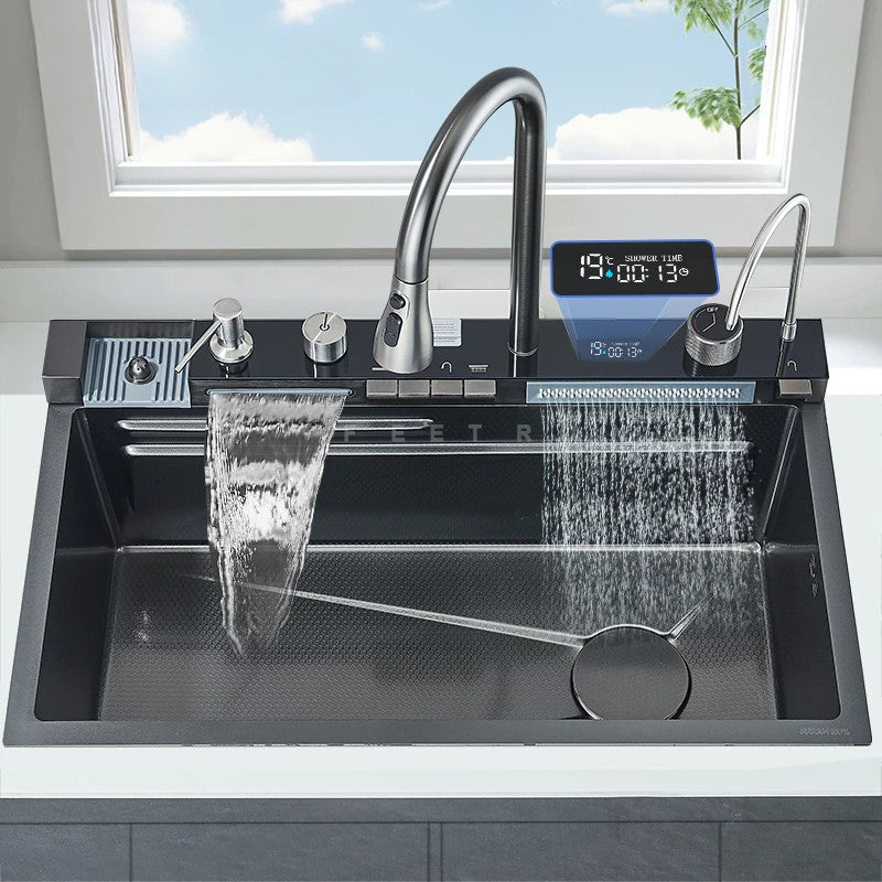 Kit Cuba Cozinha Cascata Gourmet Aço Inox com Torneira Flexível Cinza Preto