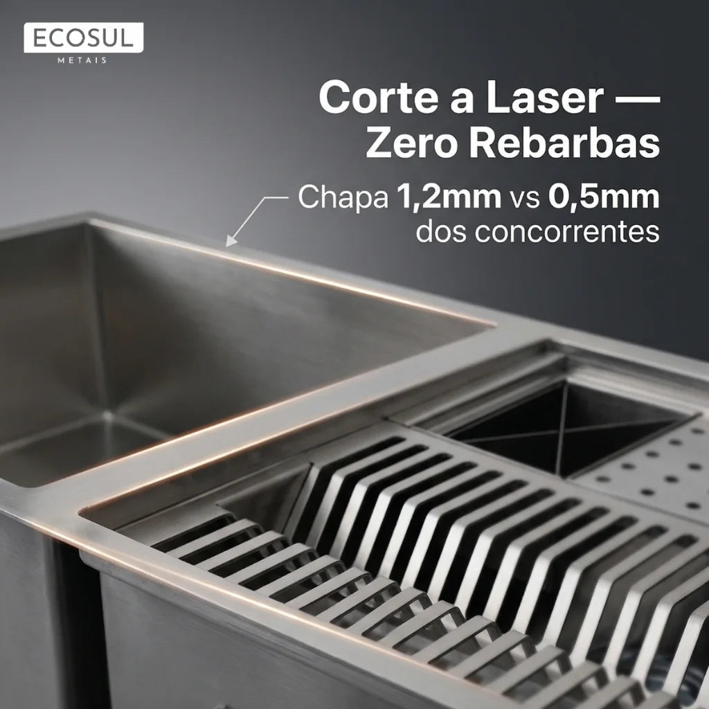 Detalhe da Cuba Gourmet com Calha Integrada em aço inox 304 com corte a laser