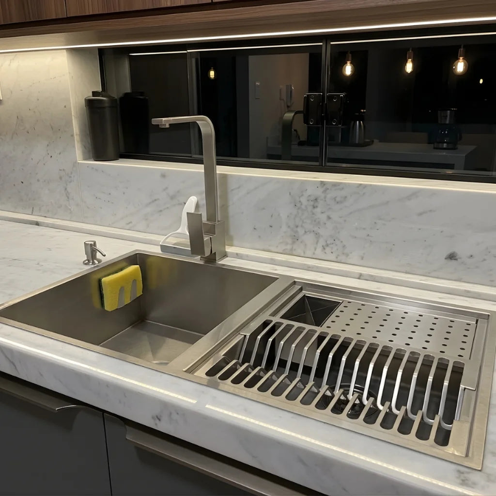 Cuba Gourmet com Calha Integrada Inox 304 84x44cm instalada em bancada de cozinha