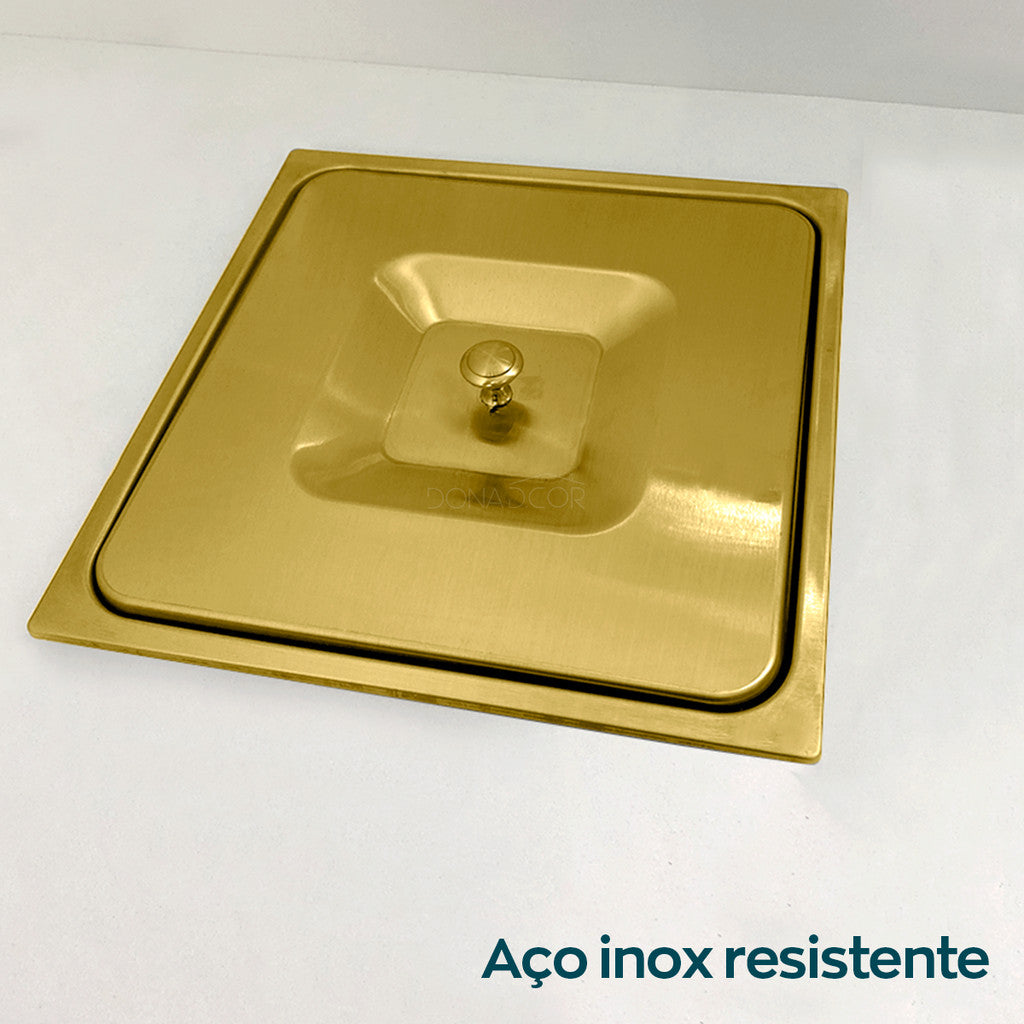 Lixeira De Embutir Quadrada Dourado Escovado Inox Cesto Lixo 5L Pia Cozinha Bancada Granito Mármore