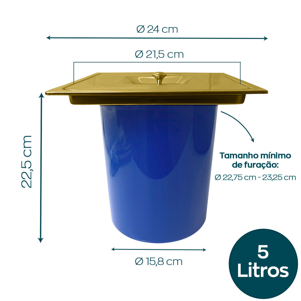 Lixeira De Embutir Quadrada Dourado Escovado Inox Cesto Lixo 5L Pia Cozinha Bancada Granito Mármore
