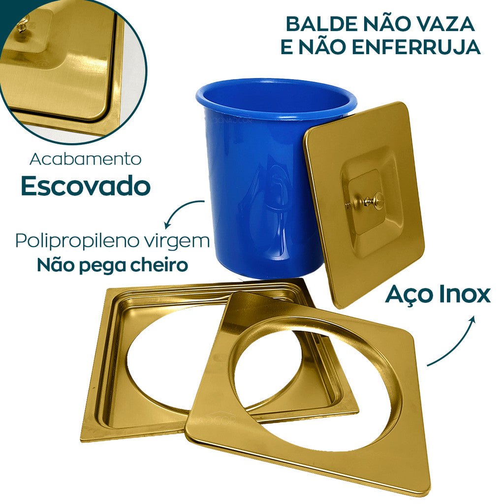 Lixeira De Embutir Quadrada Dourado Escovado Inox Cesto Lixo 5L Pia Cozinha Bancada Granito Mármore