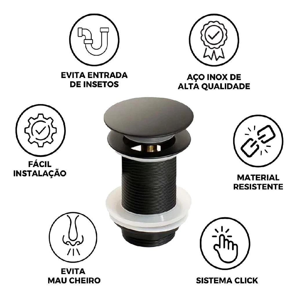 Válvula Click De Inox P/ Cuba Pia de Banheiro Lavatório Preto Black