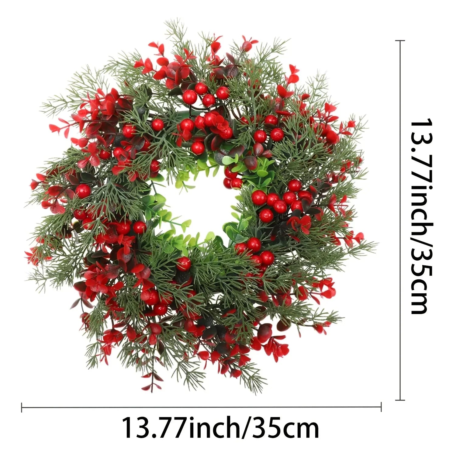 Medidas da guirlanda de Natal 35 cm verde com folhas e frutos vermelhos. Modelo do kit com 2 unidades iguais.
