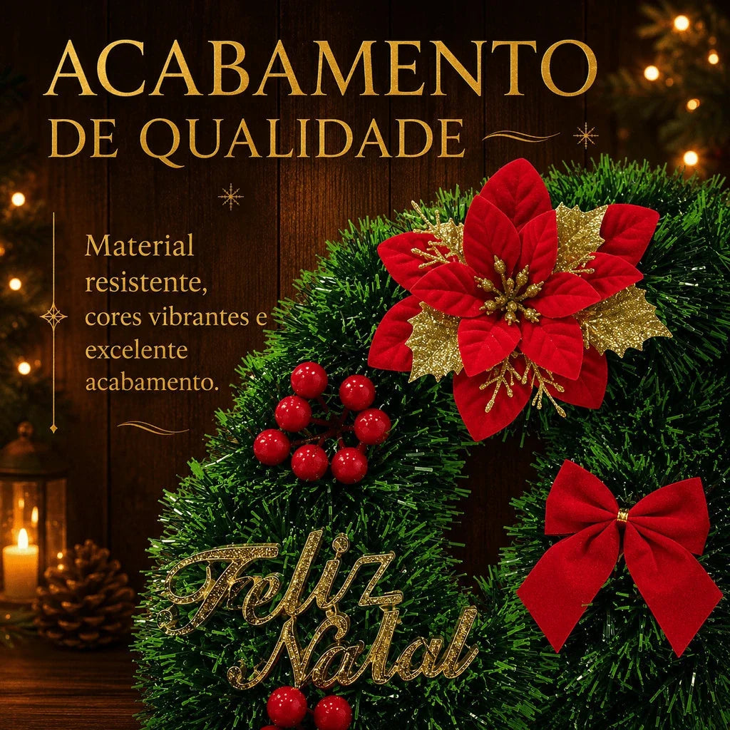 Vista aproximada da flor vermelha e dourada, da folhagem verde e da placa Feliz Natal em um dos modelos de envio sortido.