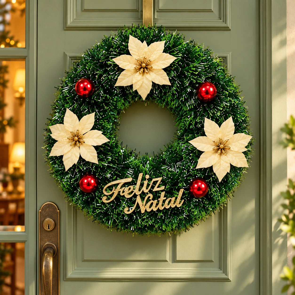 Exemplo da guirlanda sortida com flores brancas e bolas vermelhas em porta verde; envio de 1 modelo aleatório