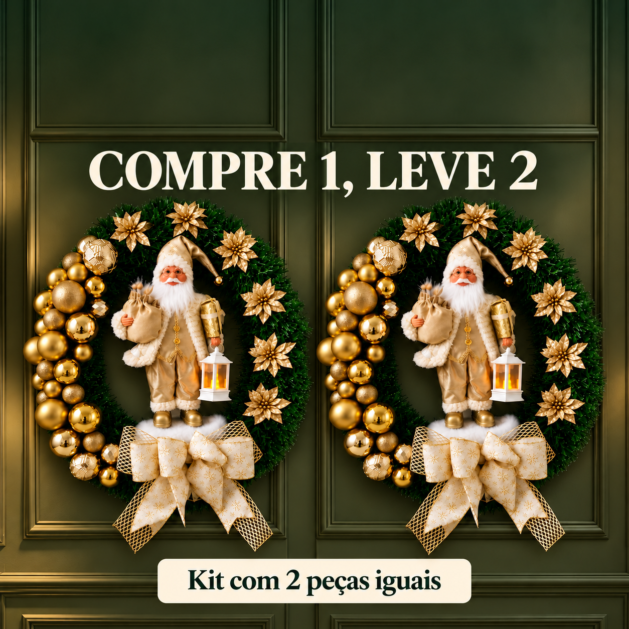 Kit com duas guirlandas de Natal iguais com Papai Noel dourado. Oferta COMPRE 1, LEVE 2.