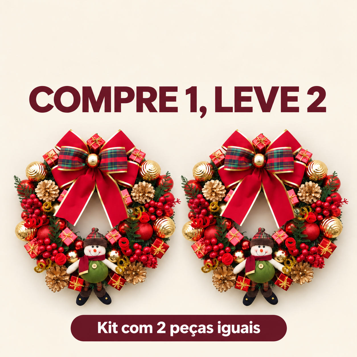 Kit com duas guirlandas natalinas iguais com laço xadrez vermelho e dourado e boneco de neve. Oferta COMPRE 1, LEVE 2.