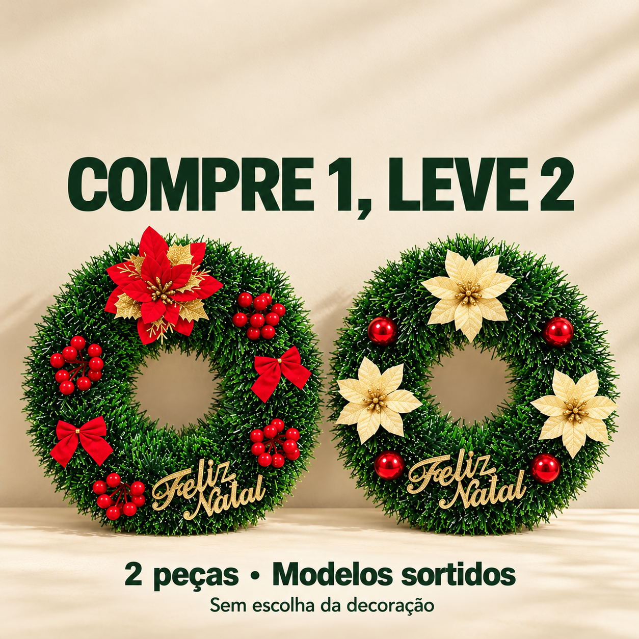 Kit com duas guirlandas Feliz Natal de modelos sortidos. Exemplos de decoração, sem escolha do modelo. Oferta COMPRE 1, LEVE 2.