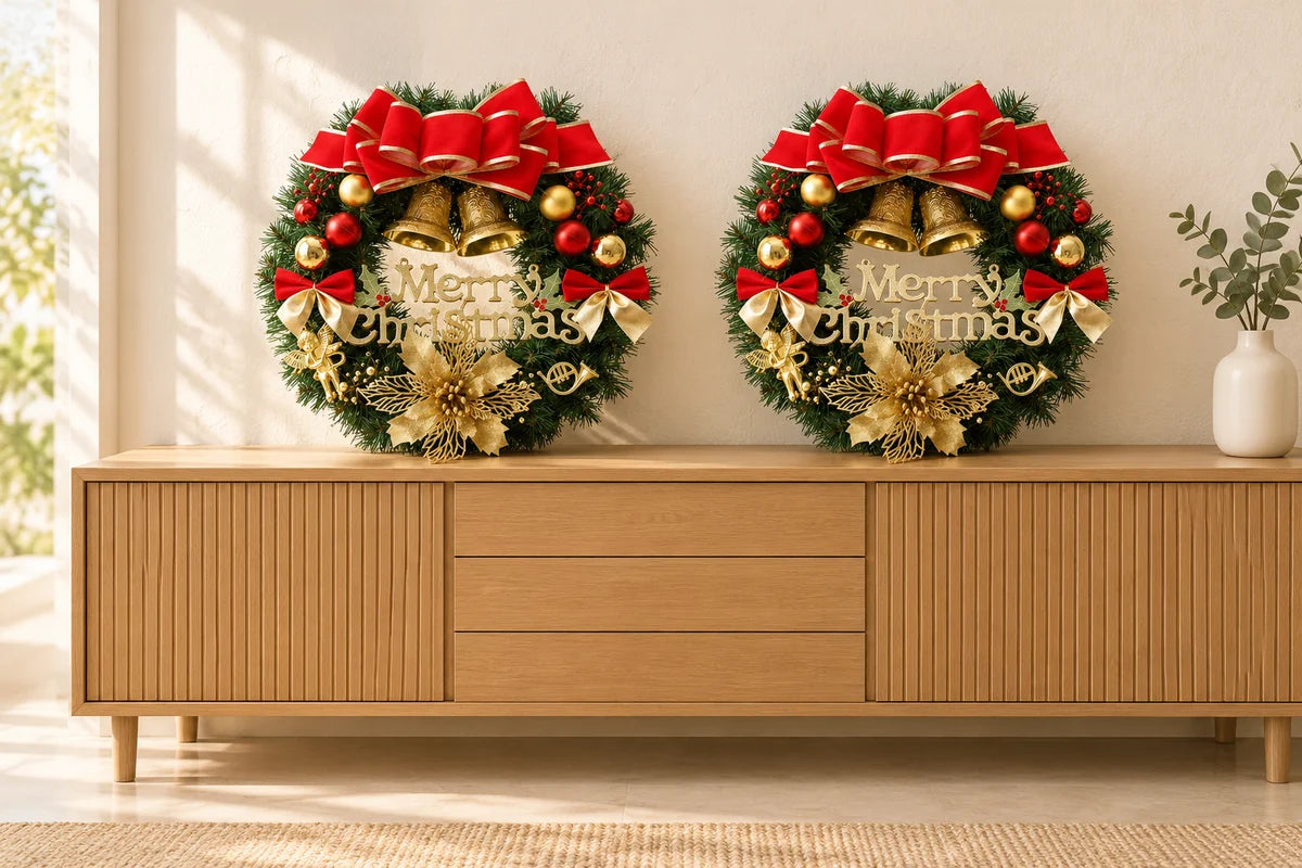 Duas guirlandas vermelhas e douradas de 40 cm com placa Merry Christmas sobre aparador. Sugestão de ambientação; móveis e acessórios não incluídos.