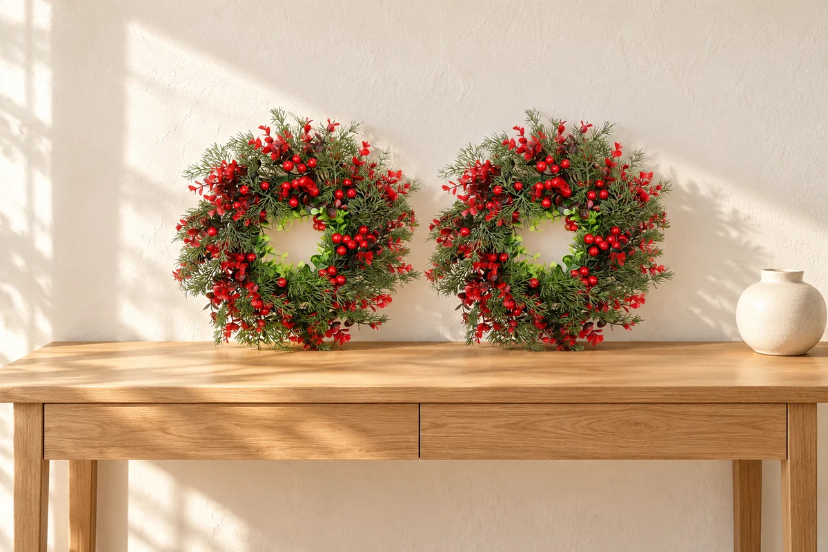 Duas guirlandas de Natal de 35 cm com folhagem e frutos vermelhos sobre aparador. Ambientação ilustrativa; móveis e objetos não acompanham.