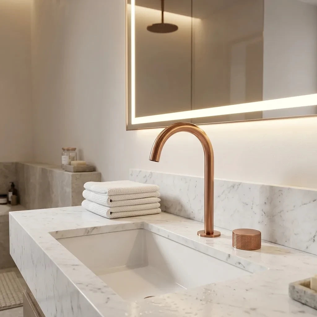 Torneira misturador banheiro cascata ouro rosé escovado com bica alta 360° em bancada de mármore branco com cuba de embutir — Toque de Casa