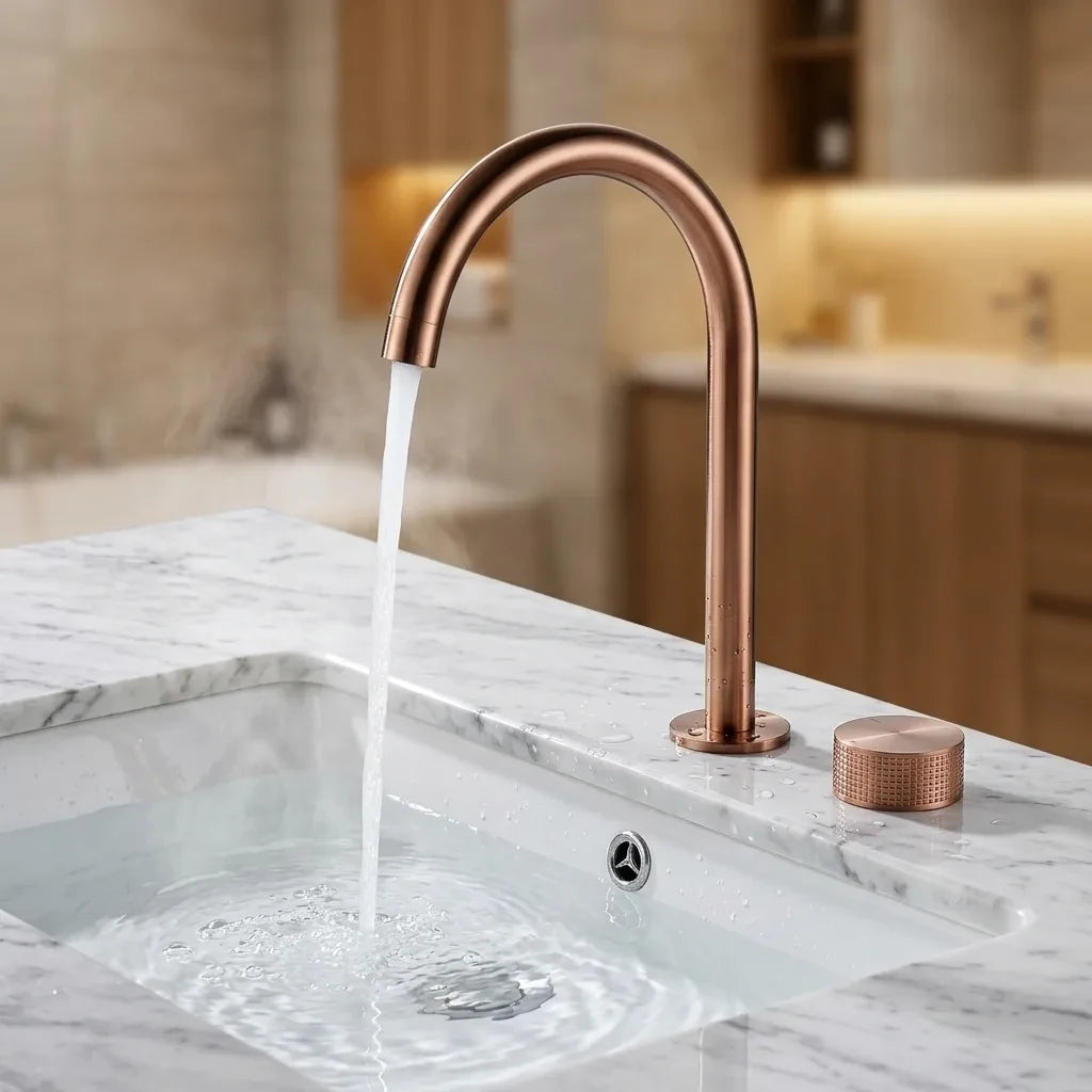 Torneira cascata ouro rosé escovado com água corrente em cuba de embutir sobre bancada de mármore branco, close em ângulo de 45°