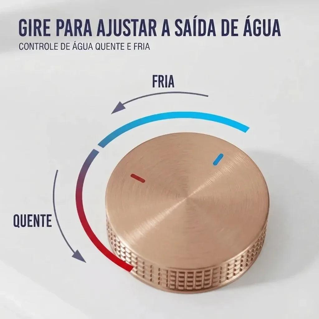 Infográfico da torneira ouro rosé escovado: gire o registro para ajustar a saída de água quente e fria, bica 360°