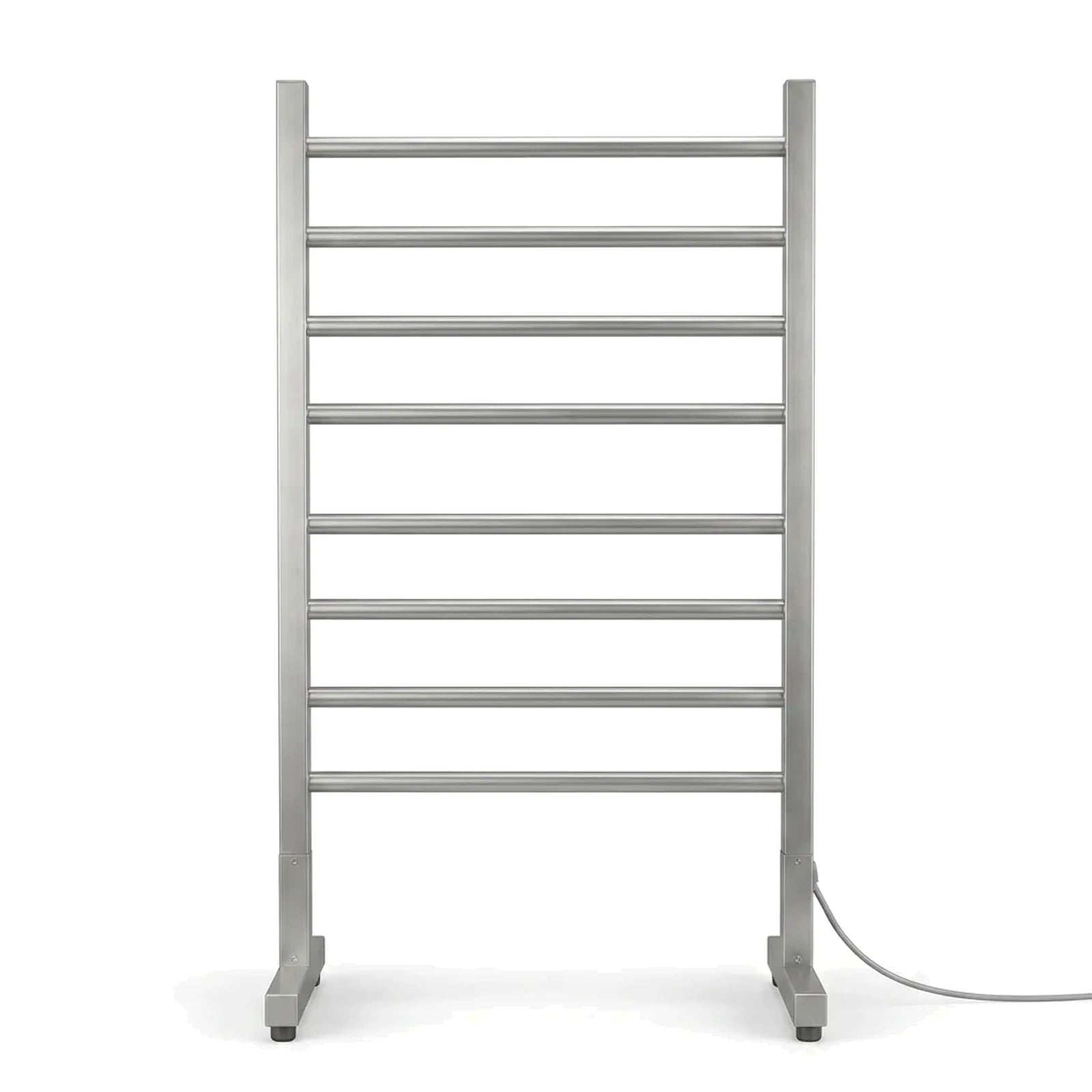 Toalheiro termico eletrico prata com base de chao e oito barras em fundo branco
