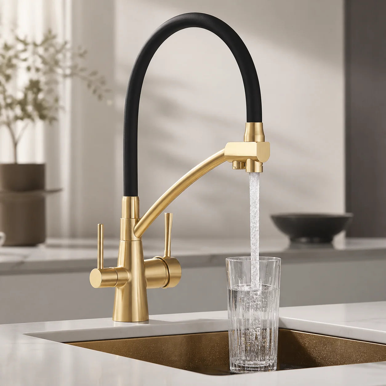 Torneira Gourmet com Filtro Dourado Escovado enchendo copo com água filtrada