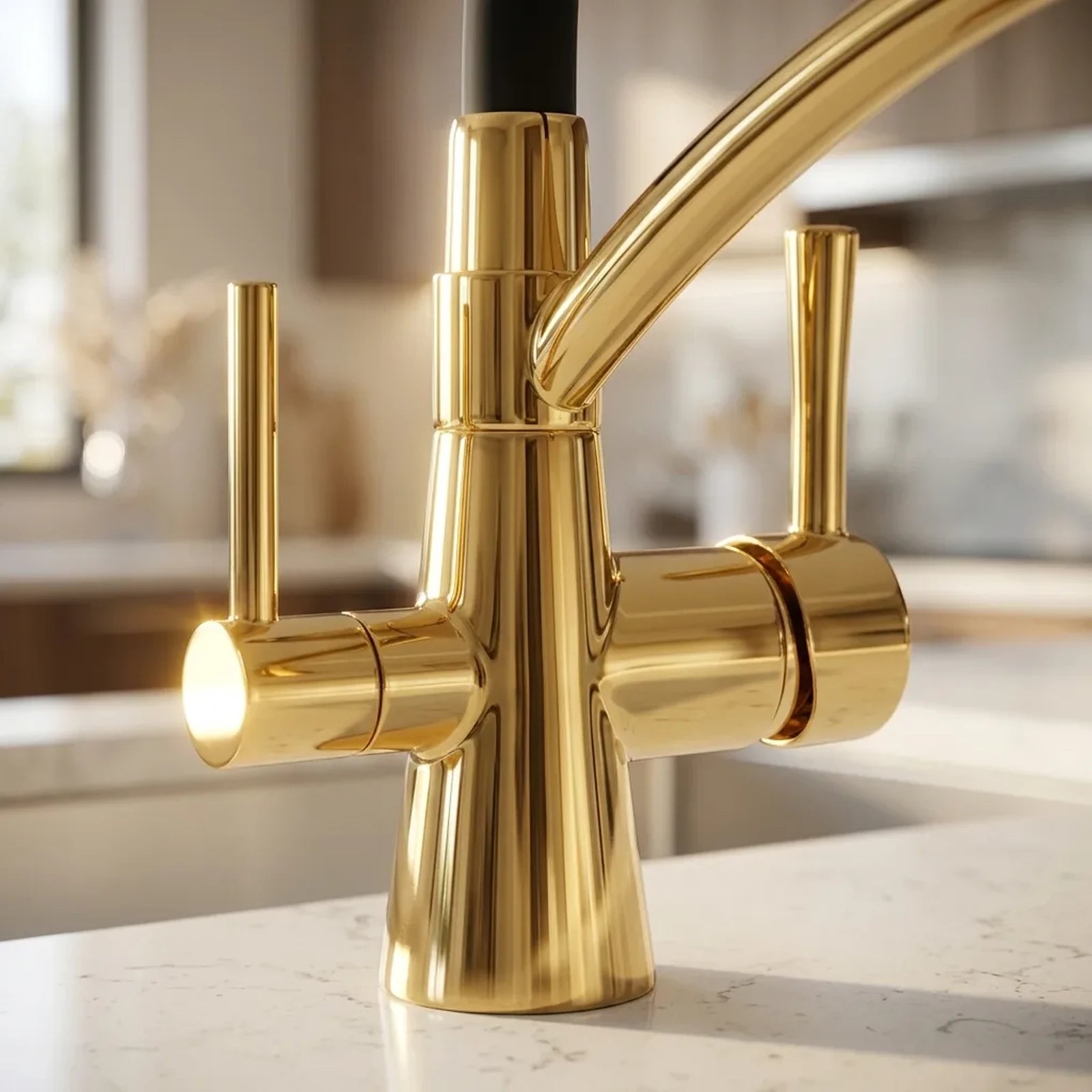 Close-up das duas alavancas da torneira gourmet saida dupla dourado brilhante