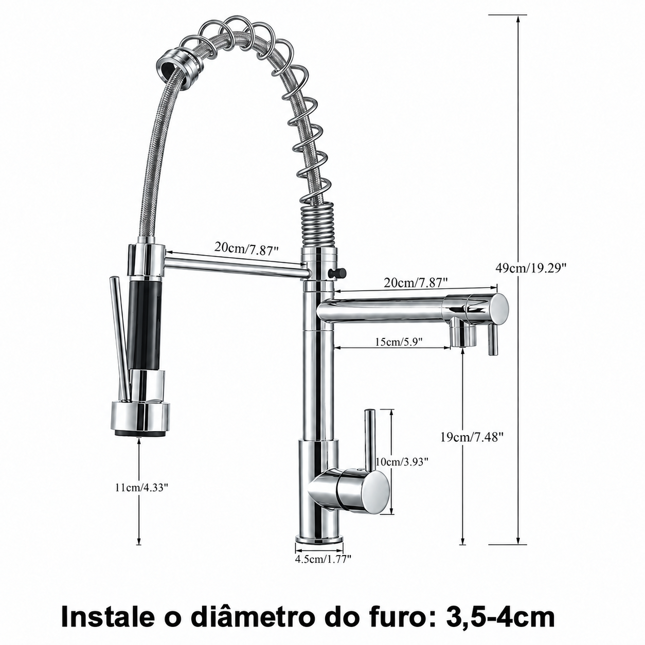 Medidas da Torneira Gourmet Valentina cromada: altura de 49 cm e furo de instalação de 3,5 a 4 cm