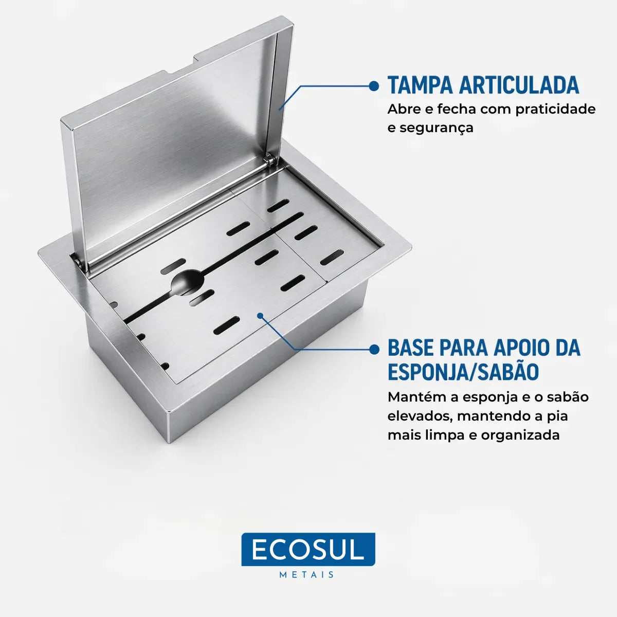 Detalhe interno do porta esponja e sabão em barra em aço inox
