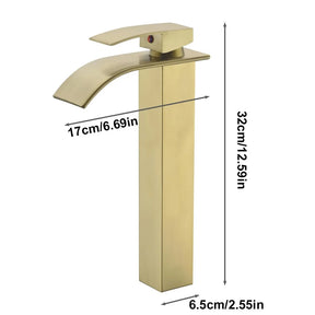 Medidas da Torneira Banheiro Cascata Alta dourada 30cm