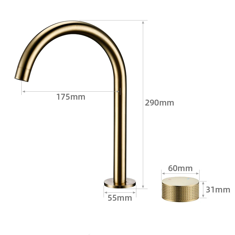 Torneira Misturador Banheiro Cascata Bancada 360° Aço Inox 2 Furos Dourado Escovado