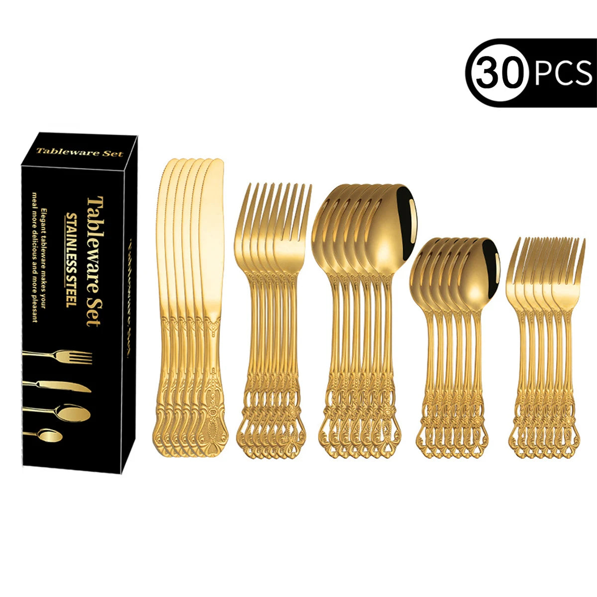 Conjunto Talher 30 Pcs Dourado Aço inoxidável