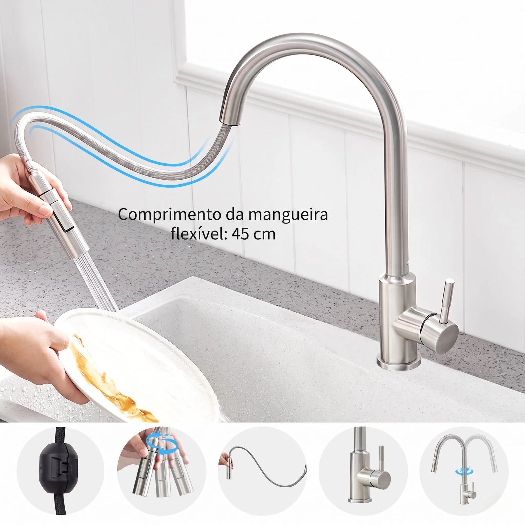 Torneira Monocomando para Cozinha Touch 360 Níquel Escovado