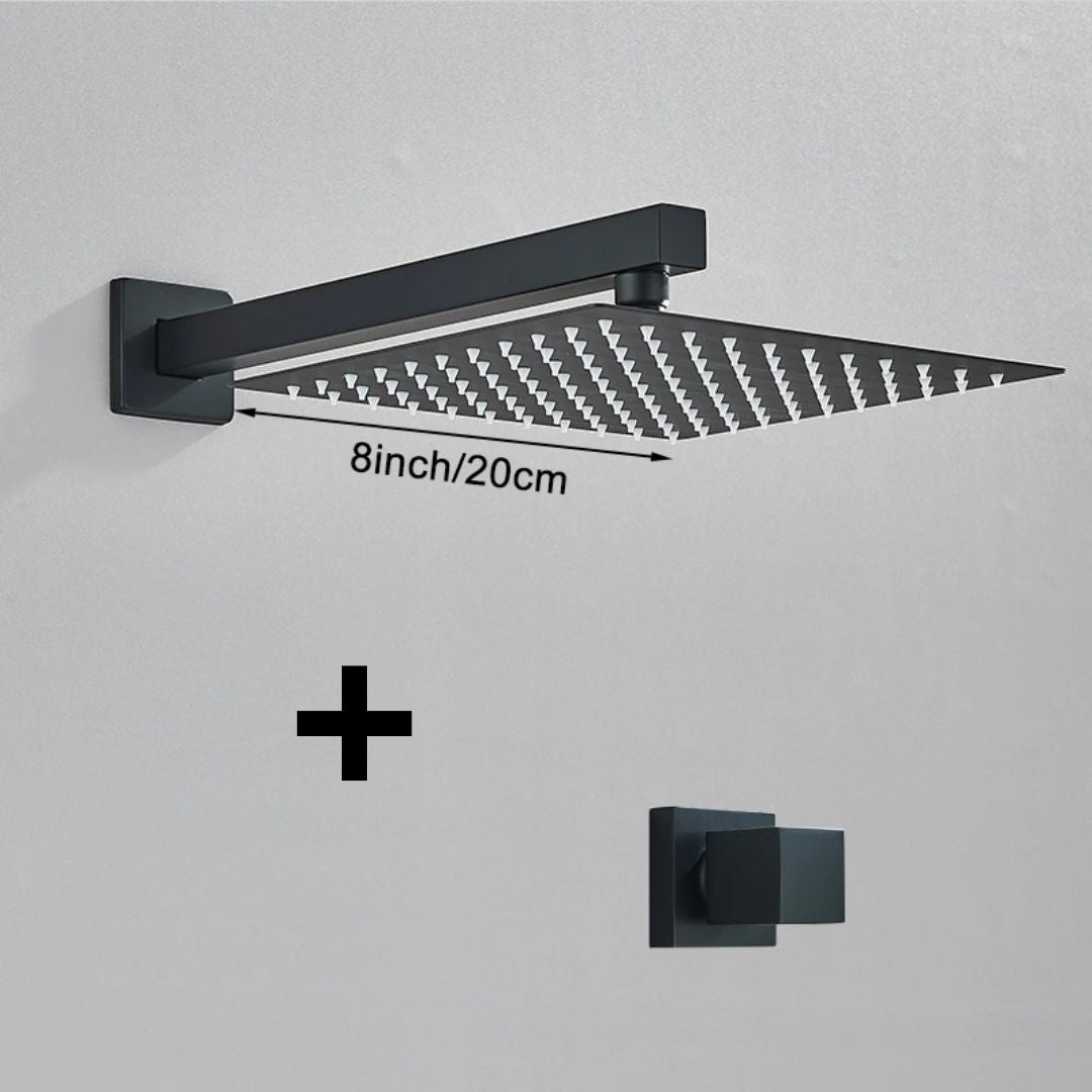 Kit Ducha Chuveiro 20×20cm Inox 304 Com Acabamentos Registros Preto/Cromado Para Chuveiro Banheiro — Preto