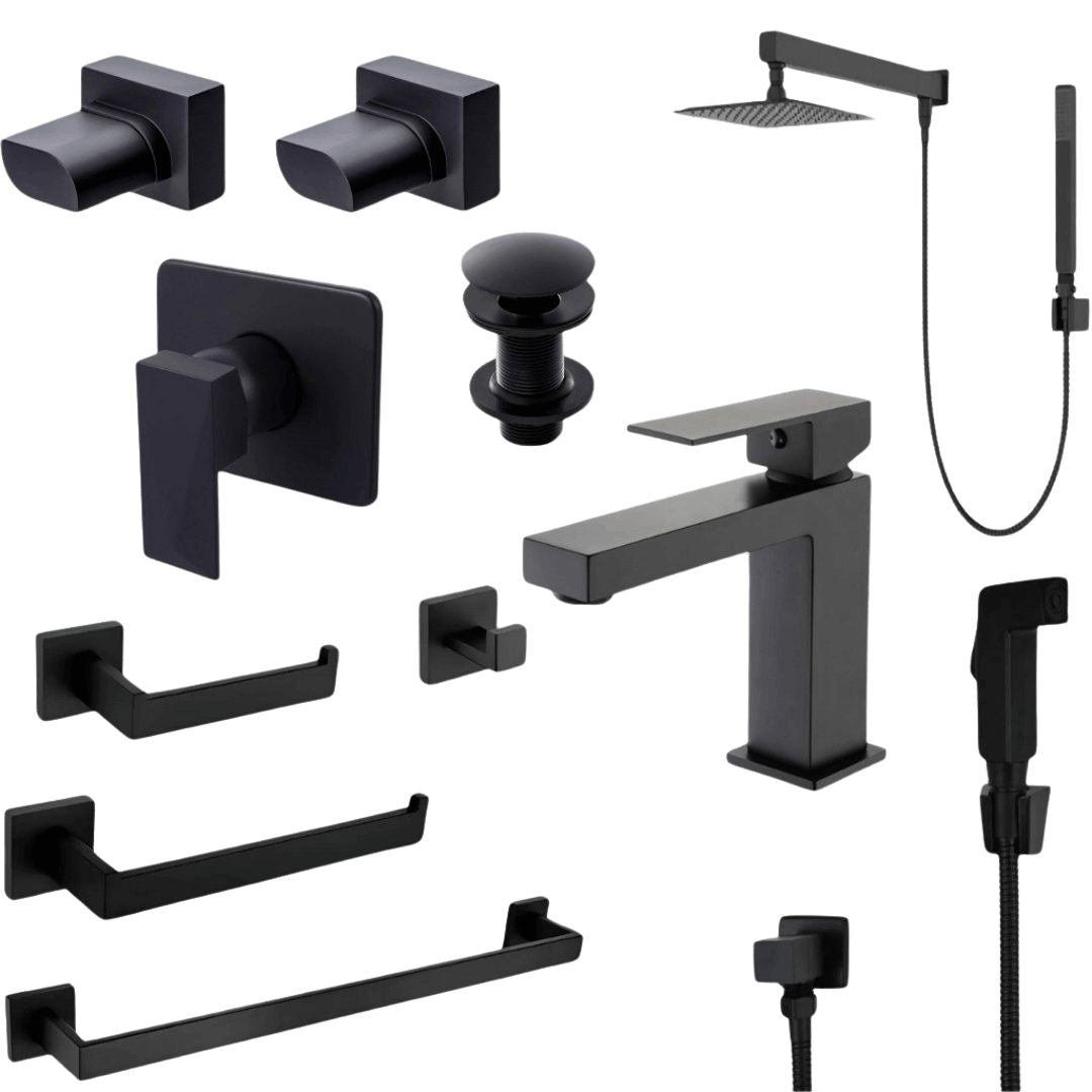 Torneira Banheiro Conjunto Completo Banheiro Black Elegance 11 Itens — Preto