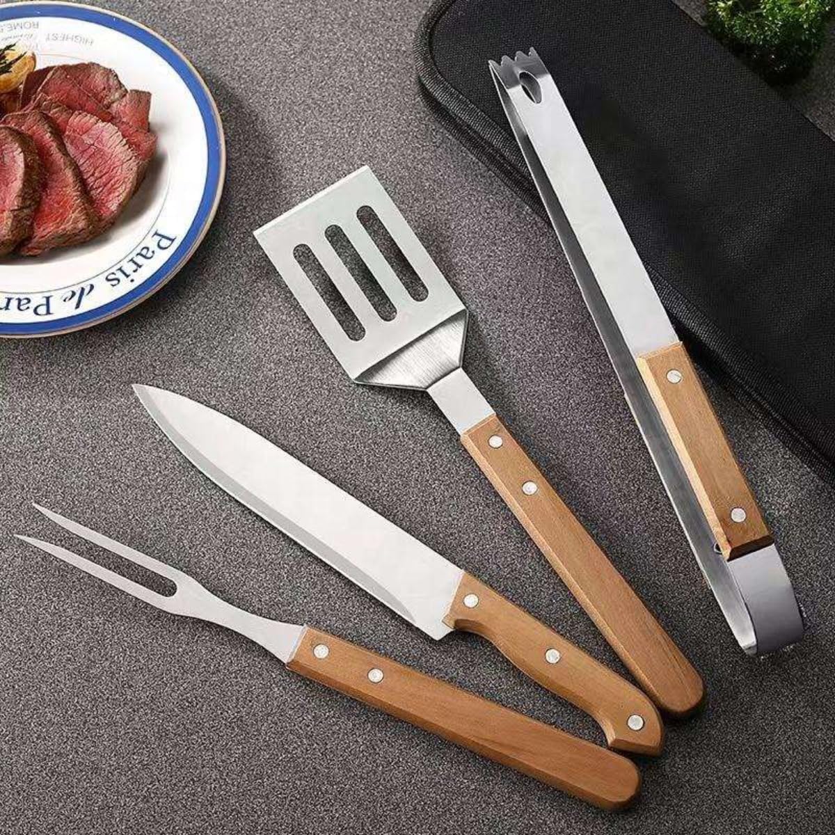 Kit de Ferramentas para Churrasco 4 Peças em Aço Inoxidável