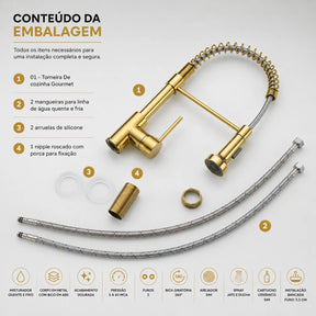 Torneira Gourmet Cozinha com Extensor Dourada Quente e Fria