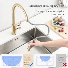 Torneira Para Cozinha Monocomando Com Misturador Dourado Escovado