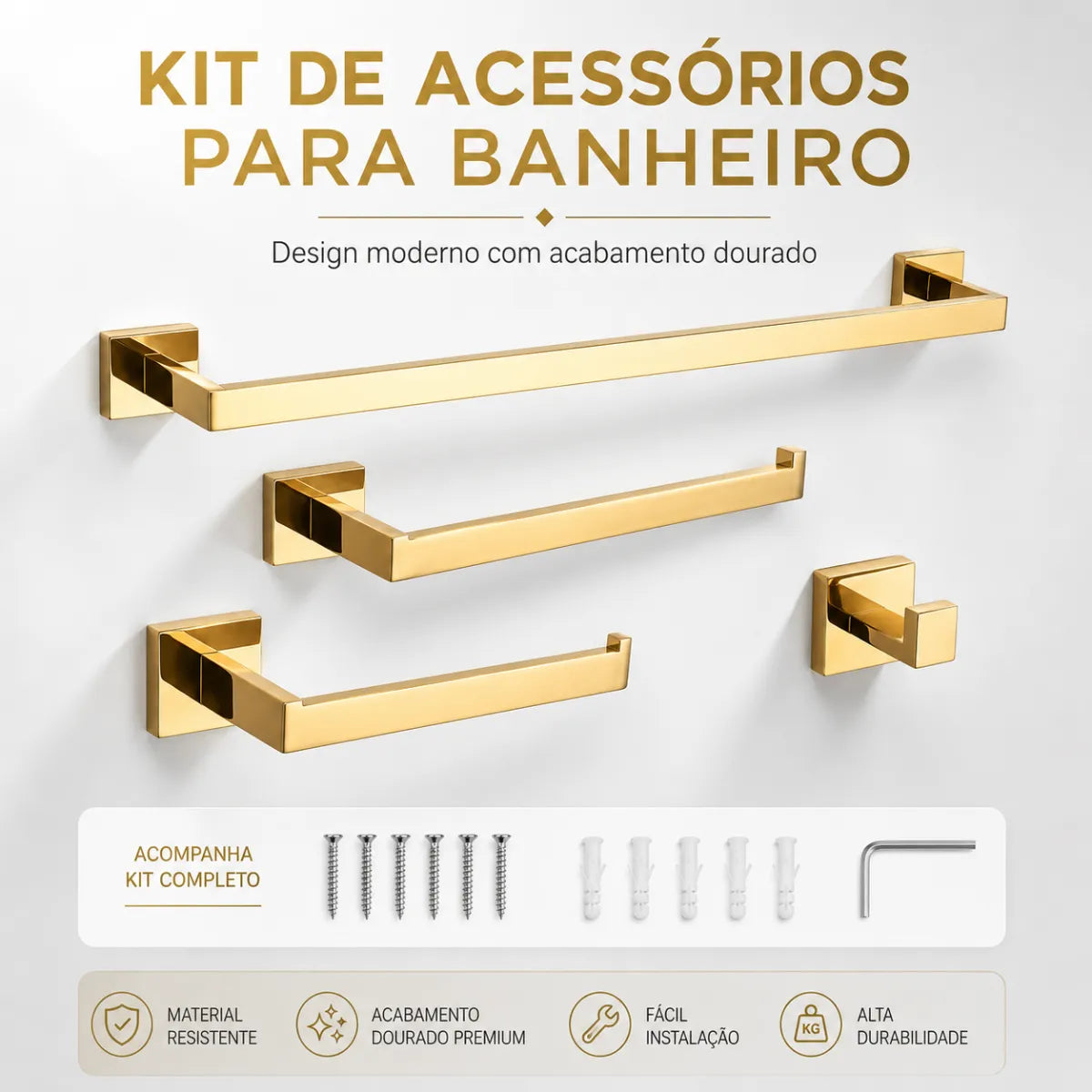 Kit Acessórios para Banheiro 4 Peças Inox Dourado 60cm
