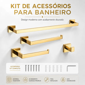 Kit Acessórios para Banheiro 4 Peças Inox Dourado 60cm