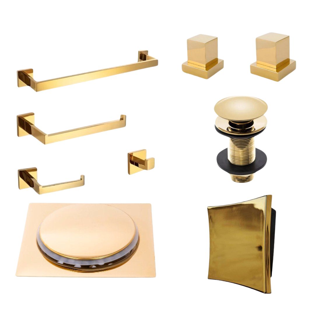 Kit Completo "Bella Essenza" - Conjunto de Acabamentos para Banheiro com 9 Peças — Dourado
