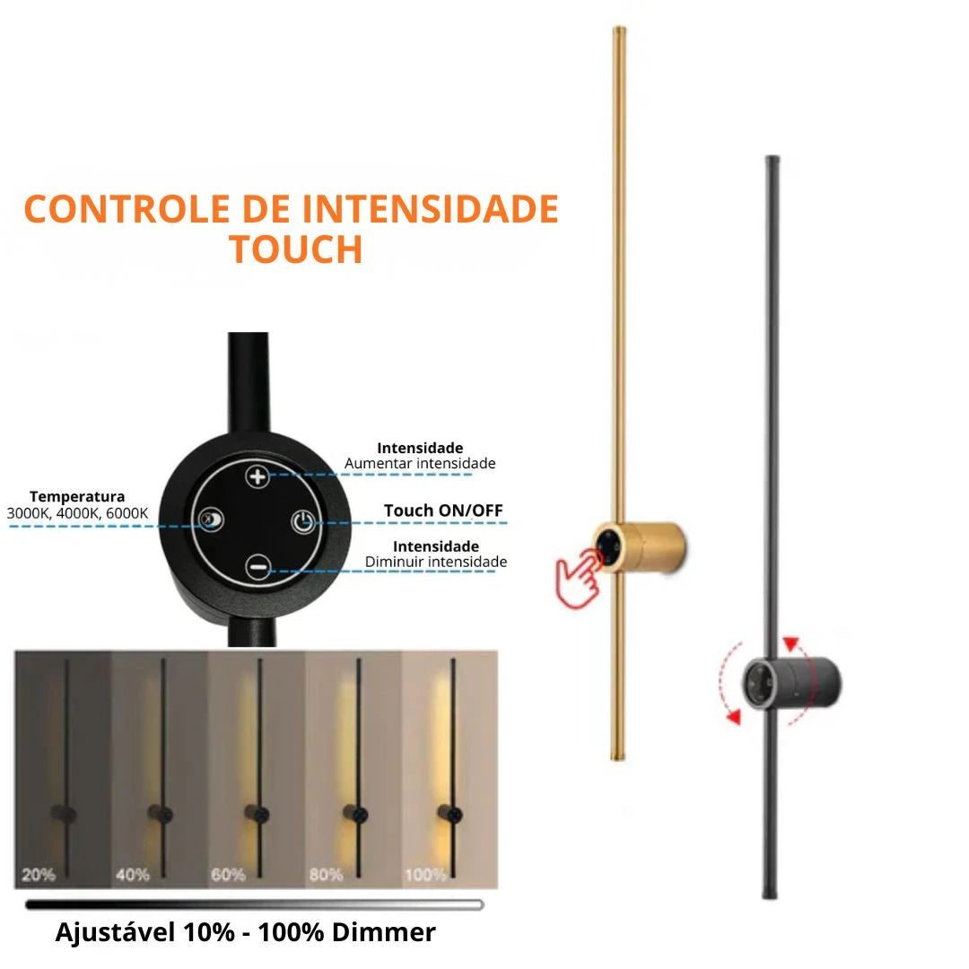 Arandela Linear de Parede Interna Ajustável 360° Dimerizável Touch LED