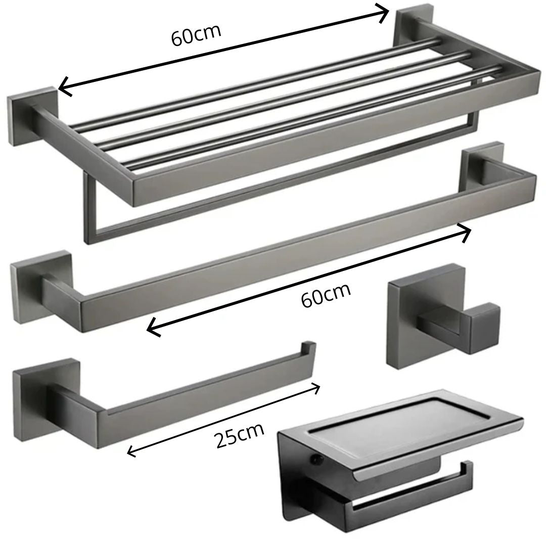 Kit Acessórios Para Banheiro Completo 5 Peças Inox Toalheiro De Banheiro Grafite Escovado