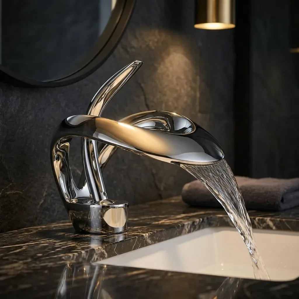 Torneira para banheiro monocomando AquaElite cromada cascata, em banheiro sofisticado com bancada de mármore escuro — Toque de Casa