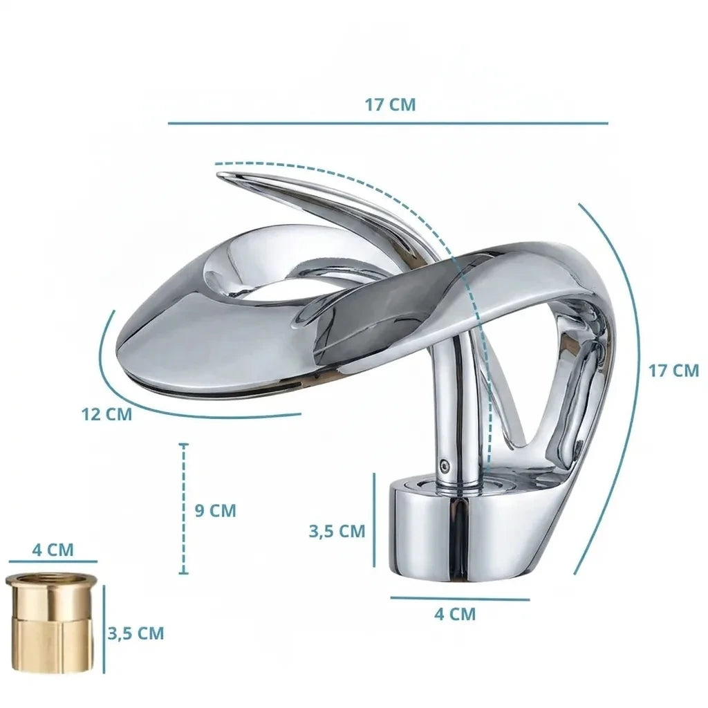 Torneira para banheiro monocomando AquaElite cromada — medidas e proporções para instalação (17 cm de largura, 9 cm de altura) — Toque de Casa