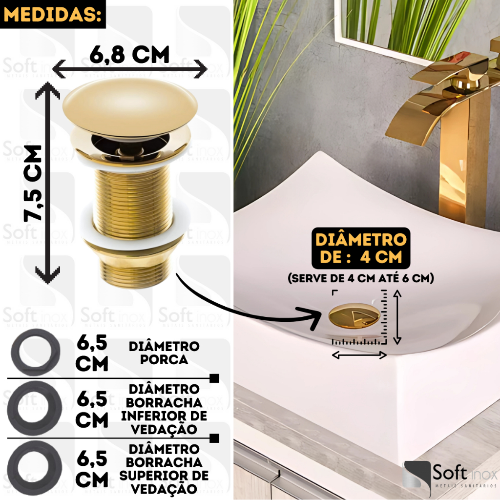 Válvula Click De Inox Ralo P/ Cuba Pia de Banheiro Lavatório 1.1/4 Dourada Gold de 4cm