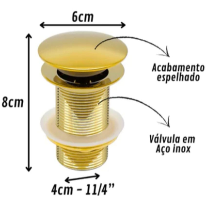 Válvula Ralo Click Luxo 1.1/4 Metal Para Pia Lavatório e Cuba Banheiro
