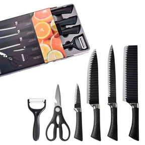 Conjunto de facas antiaderentes 6 peças com lâminas pretas onduladas