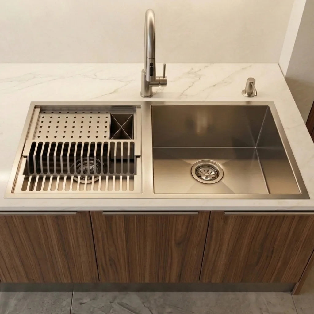 Vista superior da Cuba Gourmet com Calha Integrada Inox 304 na bancada