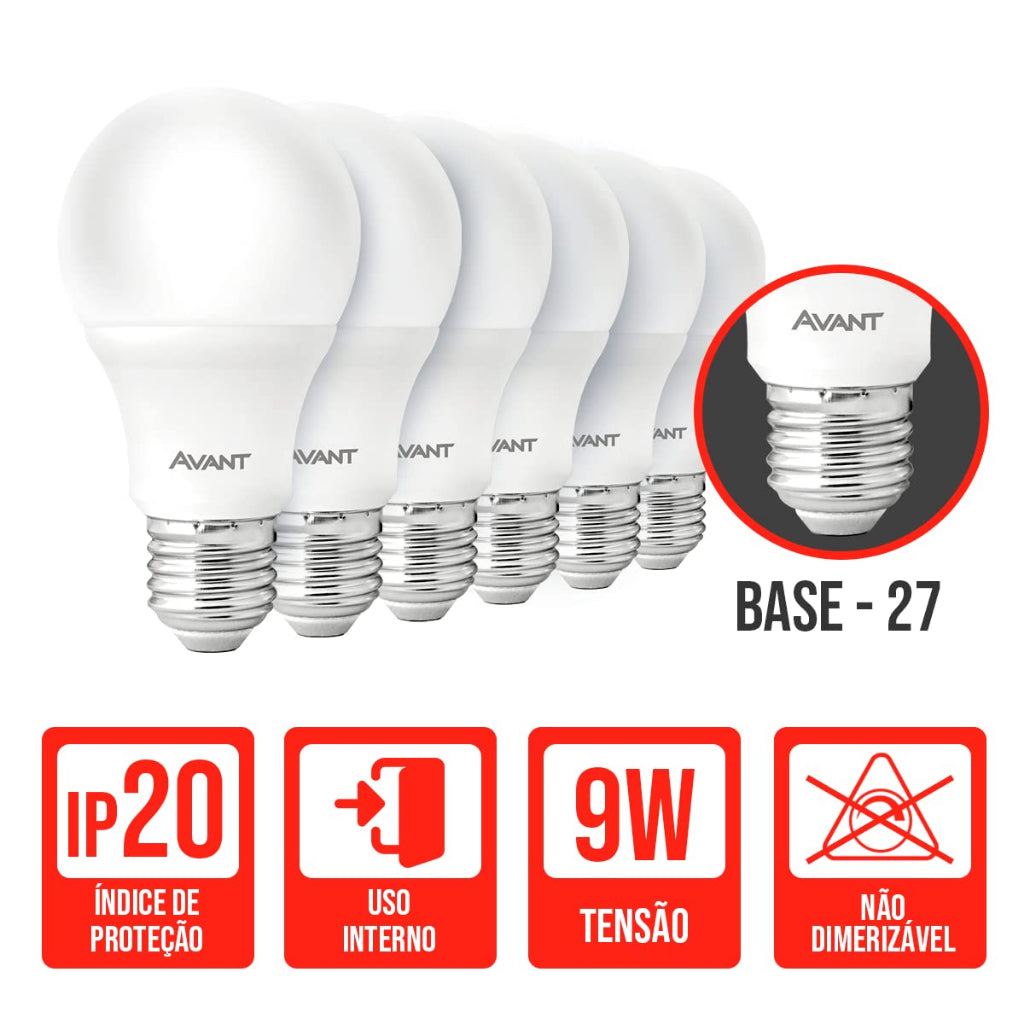Kit 5 Lâmpada Led Bulbo 9W 6500k Branco Frio E27 Avant