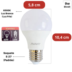 Kit 5 Lâmpada Led Bulbo 9W 6500k Branco Frio E27 Avant