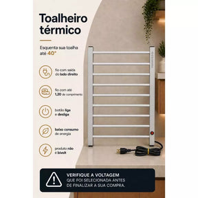 Toalheiro Térmico Alumínio Prata Escovado Porta Toalha Aquece e Seca Toalhas