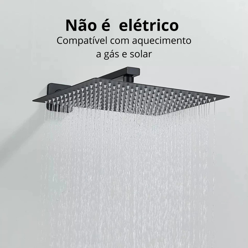 Kit Ducha Chuveiro 20×20cm Inox 304 Com Acabamentos Registros Preto/Cromado Para Chuveiro Banheiro